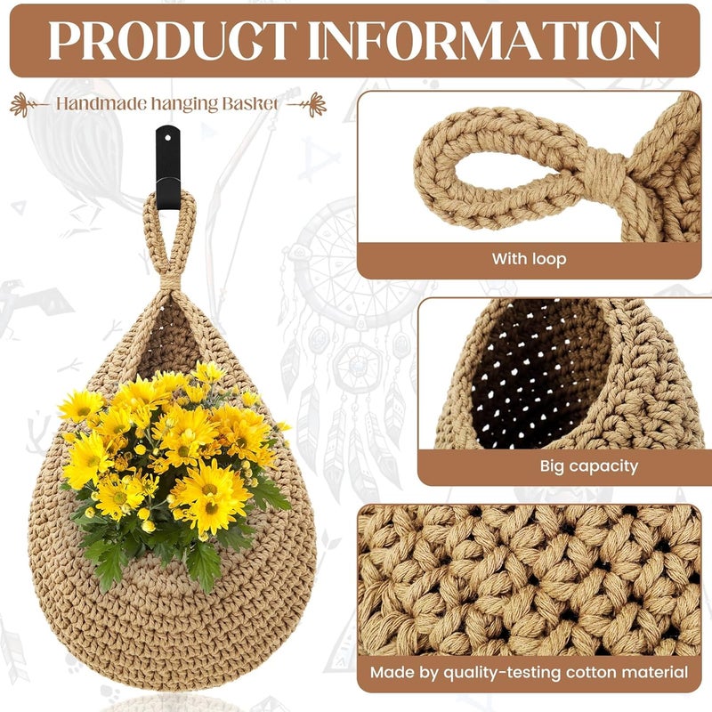 OGOTEZ Wall Hanging Baskets for Organizing - 3 Pack Hanging Fruit Basket with 6 Pcs Strong Hooks, Handwoven Onion Storage Teardrop Home Onion Basket for Fruits Vegetable Potato Kitchen Storage(Light Linen) - Image 3
